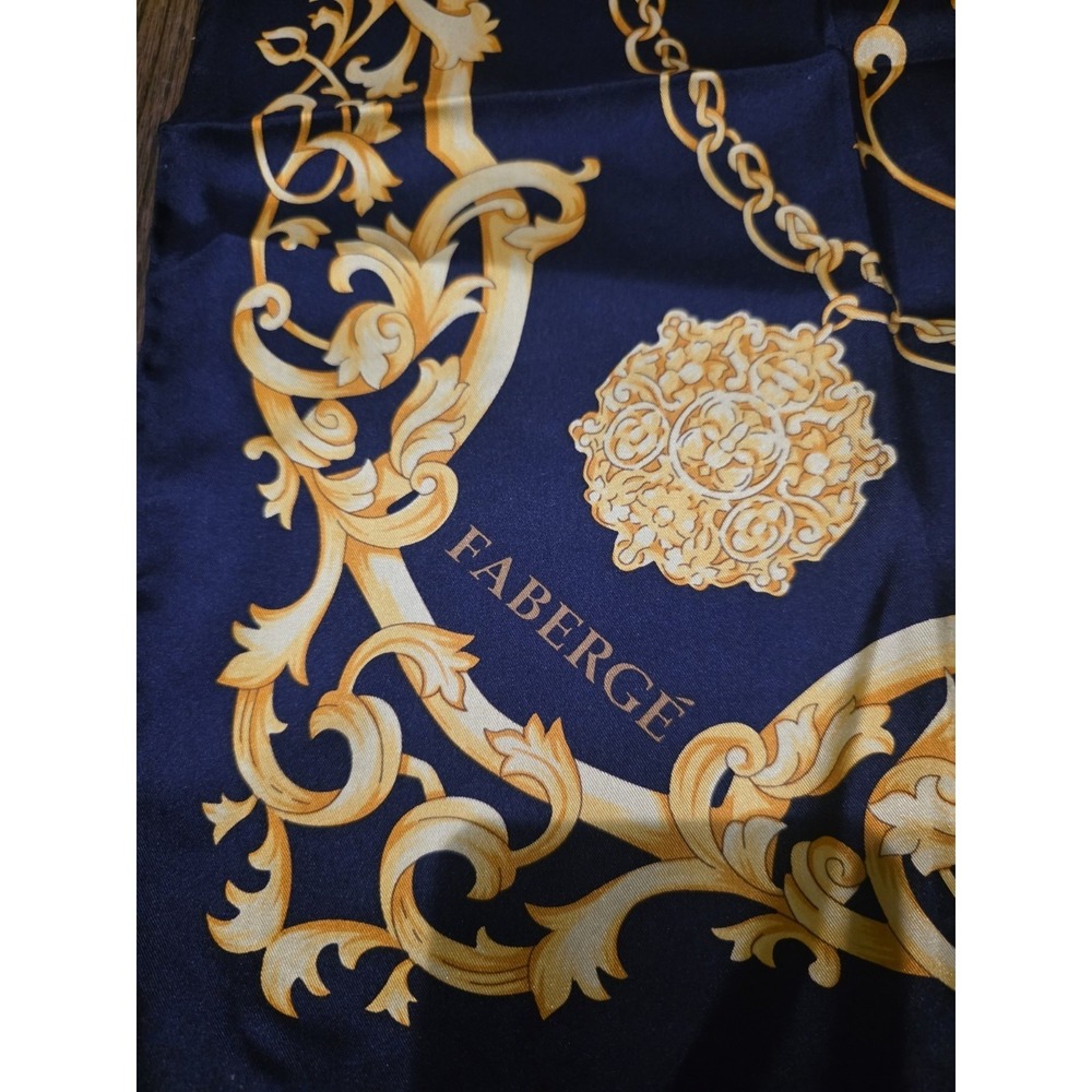 FABERGE Large Silk Scarf 32"x 32" Navy Blue Gold Square New With Box - Picture 3 of 11